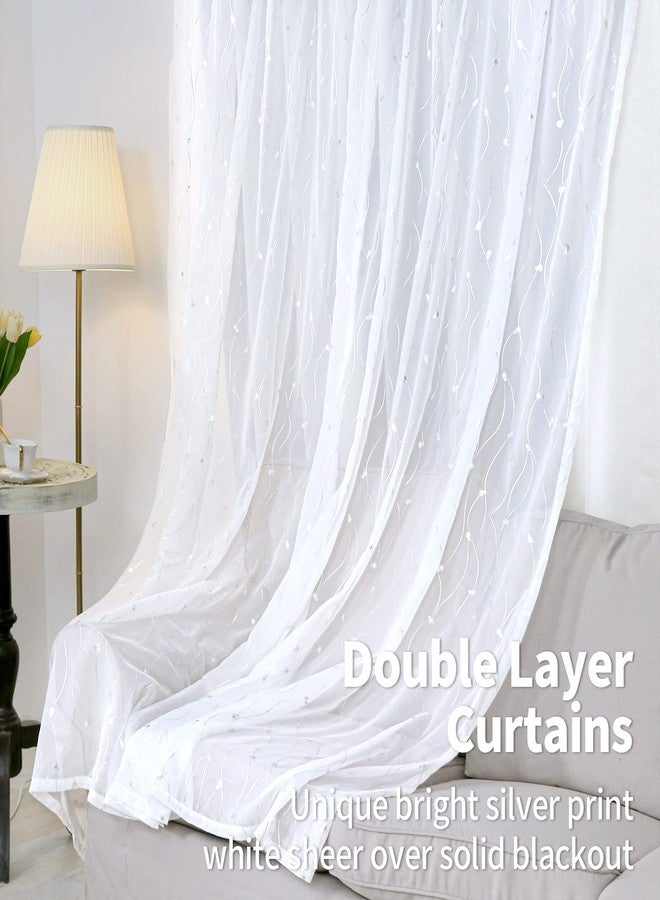 BGment White Room Darkening Curtains for Bedroom with Sheer Overlay, Double Layer Silver Printed Grommet Thermal Insulated Window Tulle Curtains for Living Room, 2 Panels Each 52 x 84 Inch, Pure White - Image 4