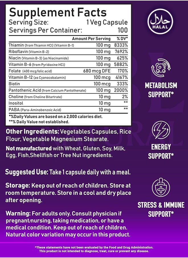 NBL Natural Vitamin B-100, Energy Production, Nervous System Health, 100 Veg Capsules  - Image 4