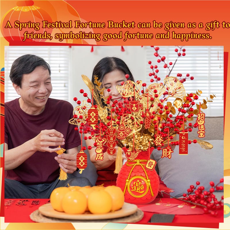 Demonwer Chinese New Year Artificial Potted Plant Money Bag Red Fruit and Gold Leaves Artificial Potted Flower Spring Festival Flower Blessing Bucket for Indoor Home Office Shelf Tabletop Decor - Image 4