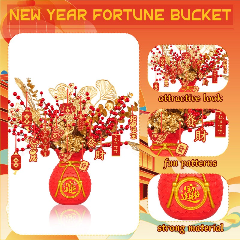 Demonwer Chinese New Year Artificial Potted Plant Money Bag Red Fruit and Gold Leaves Artificial Potted Flower Spring Festival Flower Blessing Bucket for Indoor Home Office Shelf Tabletop Decor - Image 3