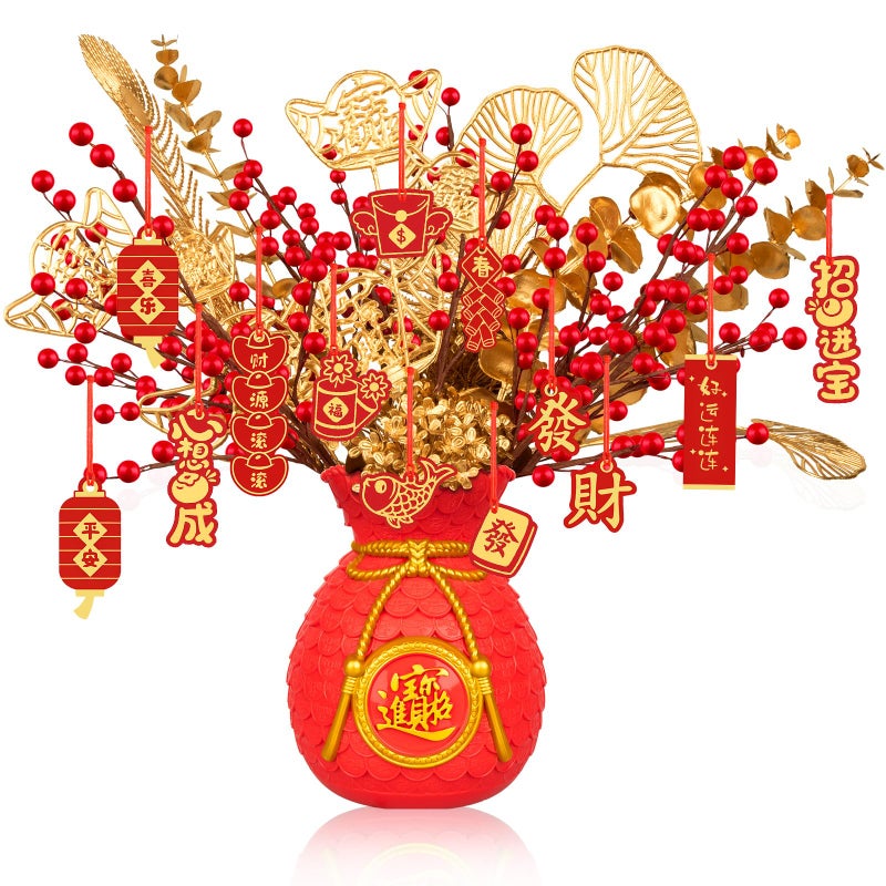 Demonwer Chinese New Year Artificial Potted Plant Money Bag Red Fruit and Gold Leaves Artificial Potted Flower Spring Festival Flower Blessing Bucket for Indoor Home Office Shelf Tabletop Decor - Image 1
