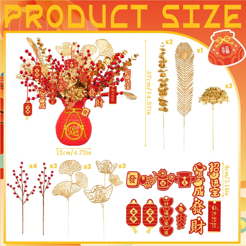 Demonwer Chinese New Year Artificial Potted Plant Money Bag Red Fruit and Gold Leaves Artificial Potted Flower Spring Festival Flower Blessing Bucket for Indoor Home Office Shelf Tabletop Decor - Image 2