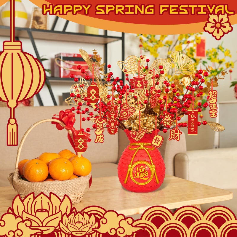 Demonwer Chinese New Year Artificial Potted Plant Money Bag Red Fruit and Gold Leaves Artificial Potted Flower Spring Festival Flower Blessing Bucket for Indoor Home Office Shelf Tabletop Decor - Image 5