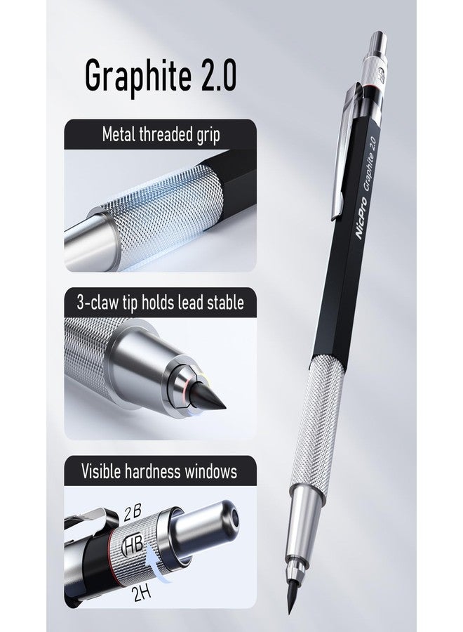 Nicpro 2mm Metal Mechanical Pencil Set with Case, 3PCS Lead Pencil Holder 2.0 mm with 144PCS Lead Refills (4H 2H HB 2B 4B 6B Color), Eraser, Sharpener for Drafting Writing Drawing Sketching - Image 4