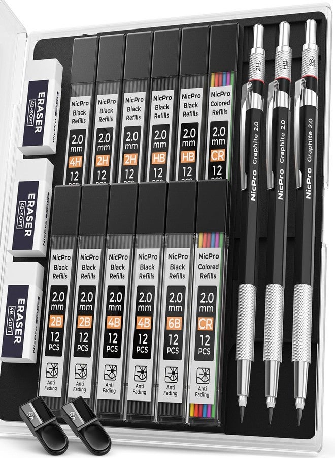 Nicpro 2mm Metal Mechanical Pencil Set with Case, 3PCS Lead Pencil Holder 2.0 mm with 144PCS Lead Refills (4H 2H HB 2B 4B 6B Color), Eraser, Sharpener for Drafting Writing Drawing Sketching - Image 1