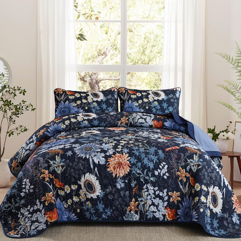 Yiran Navy Blue Sunflower Floral Quilts Queen Size, Botanical Fall Bedspread Bedding Set, 3 Pieces Colorful Soft Lightweight Microfiber Coverlet with 2 Pillow Shams for All Season 96x90 Inch - Image 1