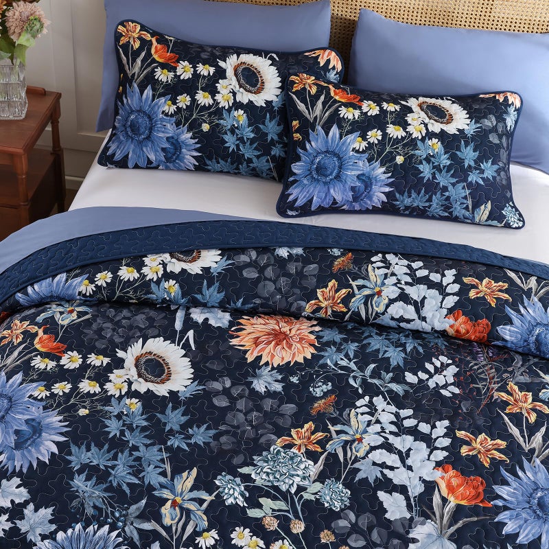 Yiran Navy Blue Sunflower Floral Quilts Queen Size, Botanical Fall Bedspread Bedding Set, 3 Pieces Colorful Soft Lightweight Microfiber Coverlet with 2 Pillow Shams for All Season 96x90 Inch - Image 3