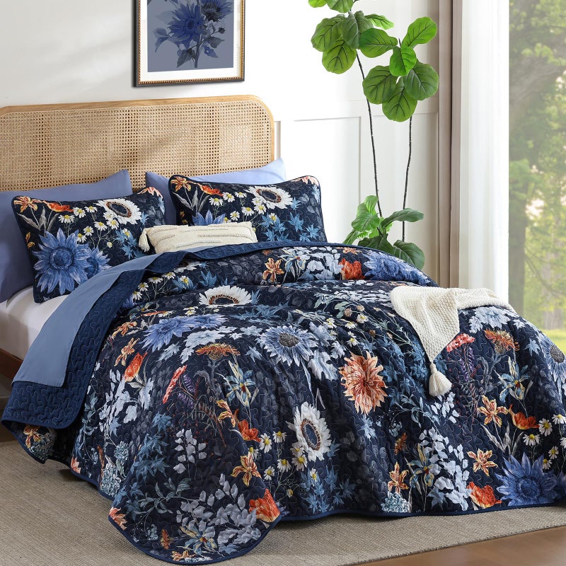 Yiran Navy Blue Sunflower Floral Quilts Queen Size, Botanical Fall Bedspread Bedding Set, 3 Pieces Colorful Soft Lightweight Microfiber Coverlet with 2 Pillow Shams for All Season 96x90 Inch - Image 2