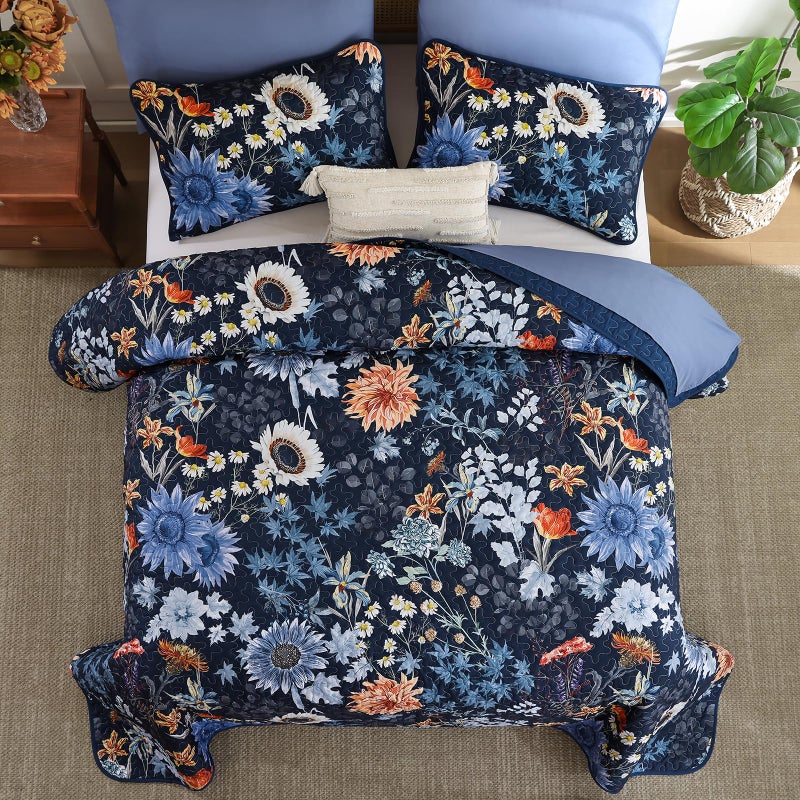 Yiran Navy Blue Sunflower Floral Quilts Queen Size, Botanical Fall Bedspread Bedding Set, 3 Pieces Colorful Soft Lightweight Microfiber Coverlet with 2 Pillow Shams for All Season 96x90 Inch - Image 4