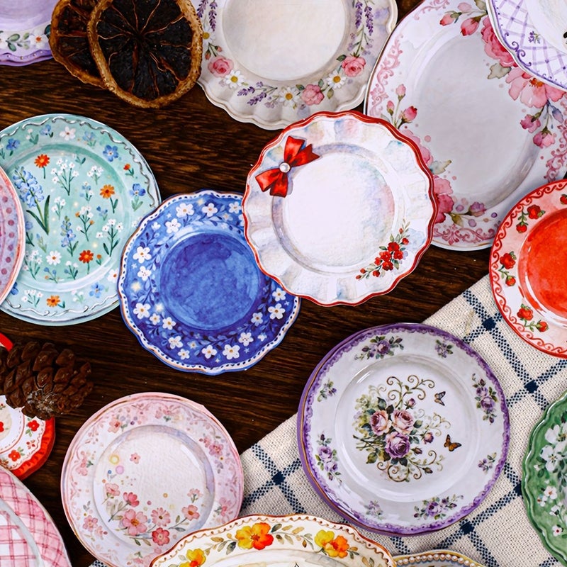 Crimson Flower Plate Pattern Sticky Notes Decorative Memo Pads With Round Edges Handwritten Style For Office Home Kitchen Washi Paper Style - Image 5
