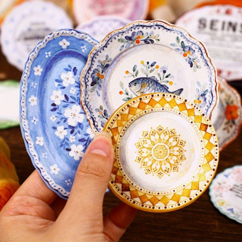 Crimson Flower Plate Pattern Sticky Notes Decorative Memo Pads With Round Edges Handwritten Style For Office Home Kitchen Washi Paper Style - Image 1
