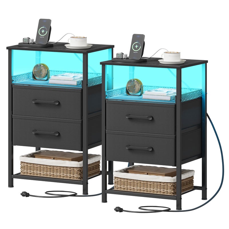 JARHETUN Nightstand Set of 2 with Charging Station Night Stands with LED Lights 264 Inch Tall Bedside Table with Metal Shelf Side Table with 2 Fabirc Drawers for Bedroom Black - Image 2