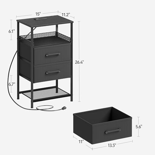 JARHETUN Nightstand Set of 2 with Charging Station Night Stands with LED Lights 264 Inch Tall Bedside Table with Metal Shelf Side Table with 2 Fabirc Drawers for Bedroom Black - Image 3