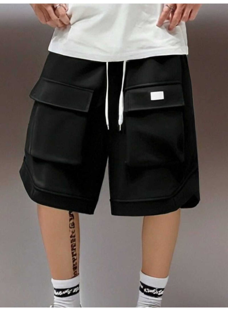 Men's Black Cargo Shorts Oversized Wide Leg Sweat Shorts with Front Flap Pockets Contrast Drawstring Streetwear Shorts - Image 3