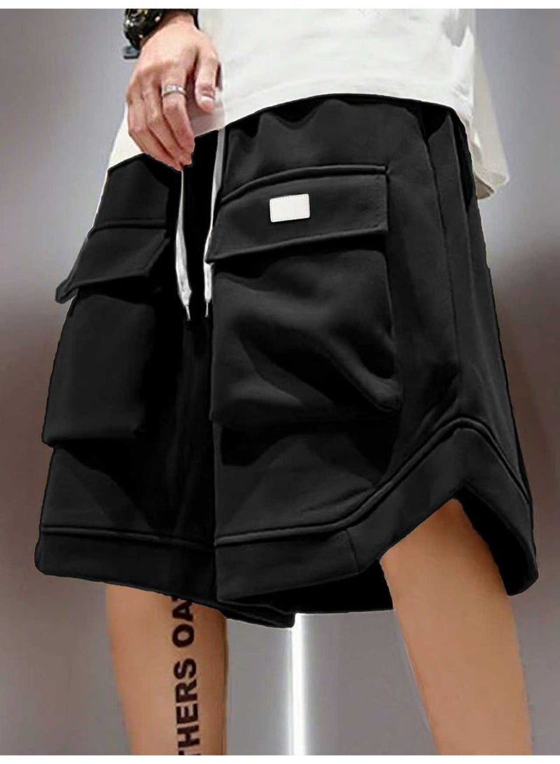 Men's Black Cargo Shorts Oversized Wide Leg Sweat Shorts with Front Flap Pockets Contrast Drawstring Streetwear Shorts - Image 1