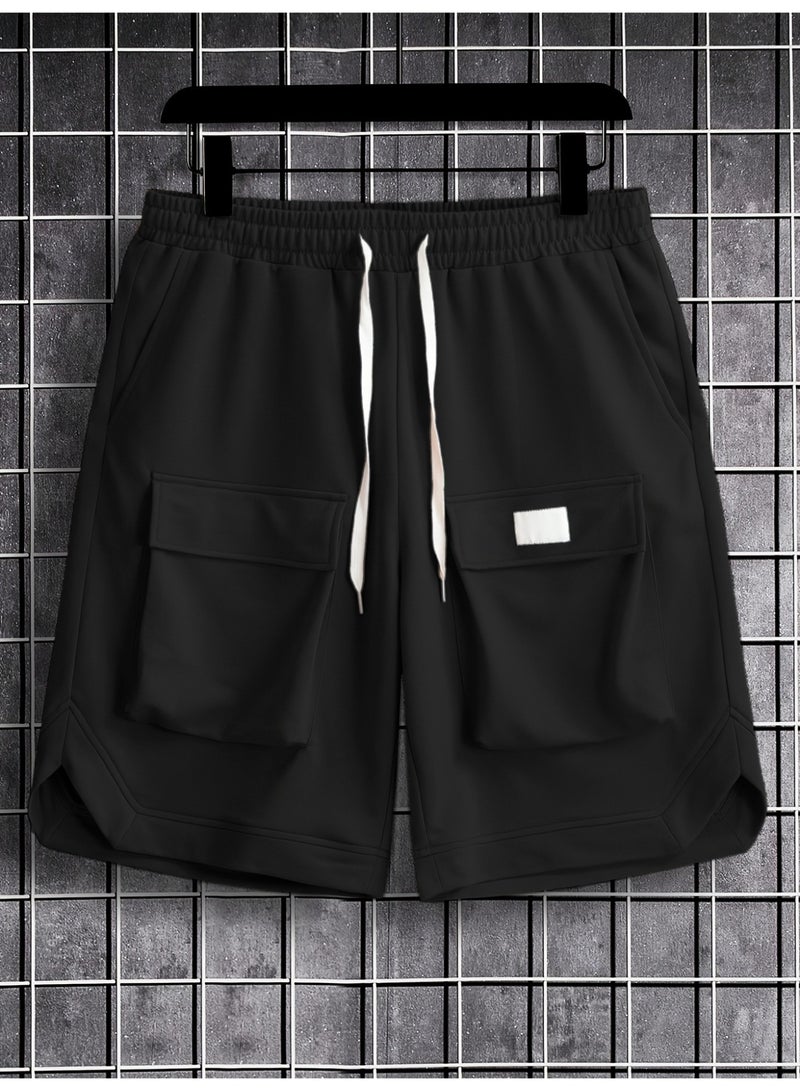 Men's Black Cargo Shorts Oversized Wide Leg Sweat Shorts with Front Flap Pockets Contrast Drawstring Streetwear Shorts - Image 5