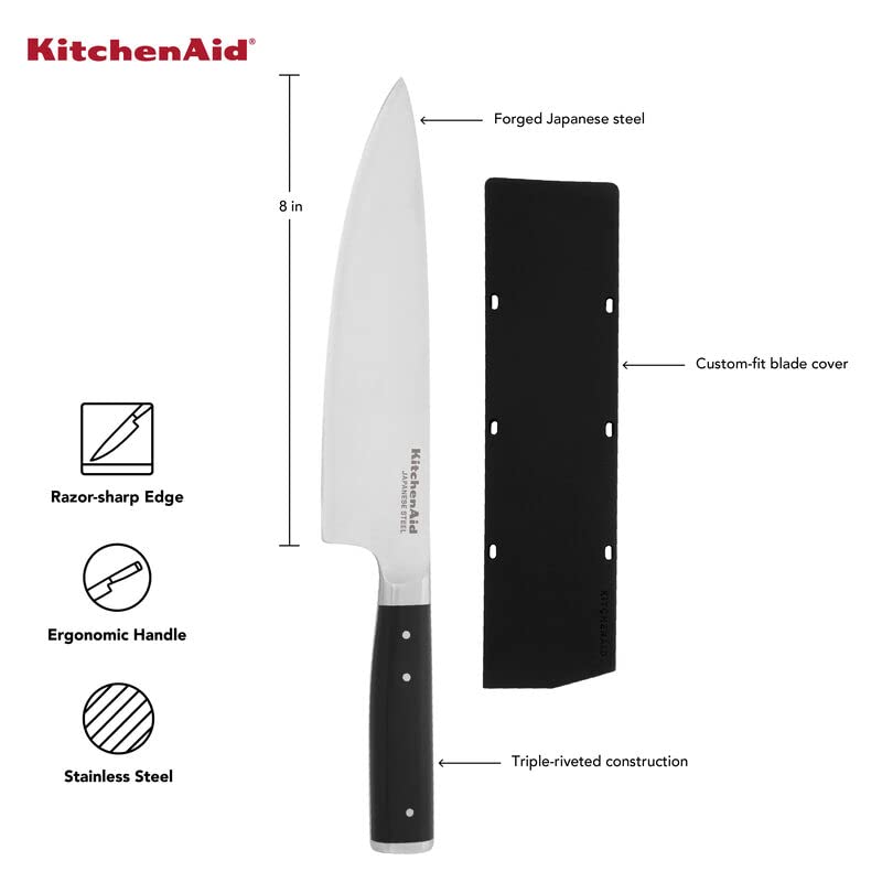KitchenAid Gourmet Forged Triple Rivet Chef Knife with Custom-Fit Blade Cover, 8-inch, Sharp Kitchen Knife, High-Carbon Japanese Stainless Steel Blade, Black - Image 5