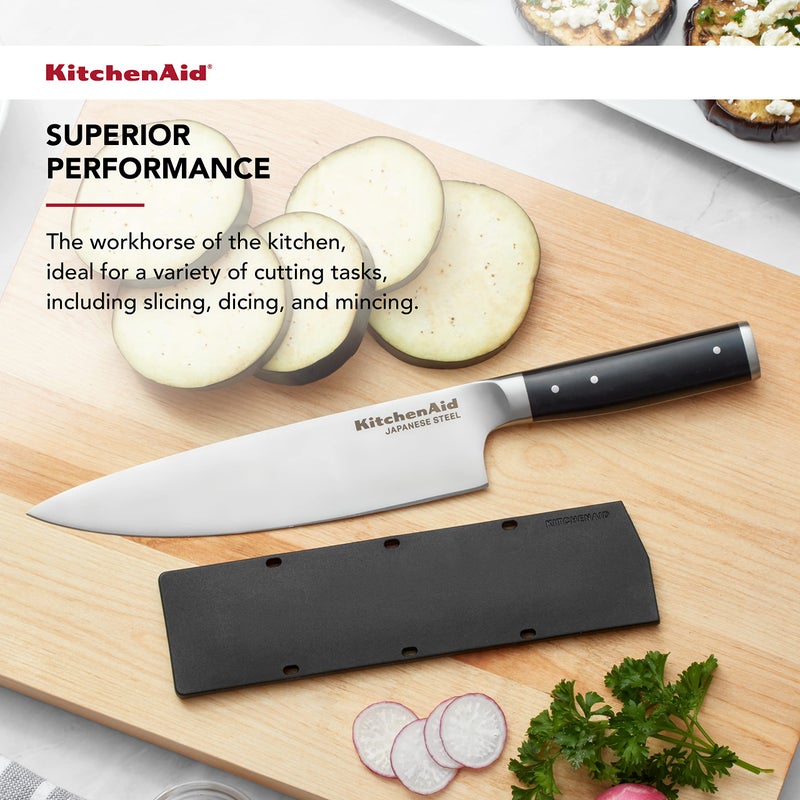 KitchenAid Gourmet Forged Triple Rivet Chef Knife with Custom-Fit Blade Cover, 8-inch, Sharp Kitchen Knife, High-Carbon Japanese Stainless Steel Blade, Black - Image 3