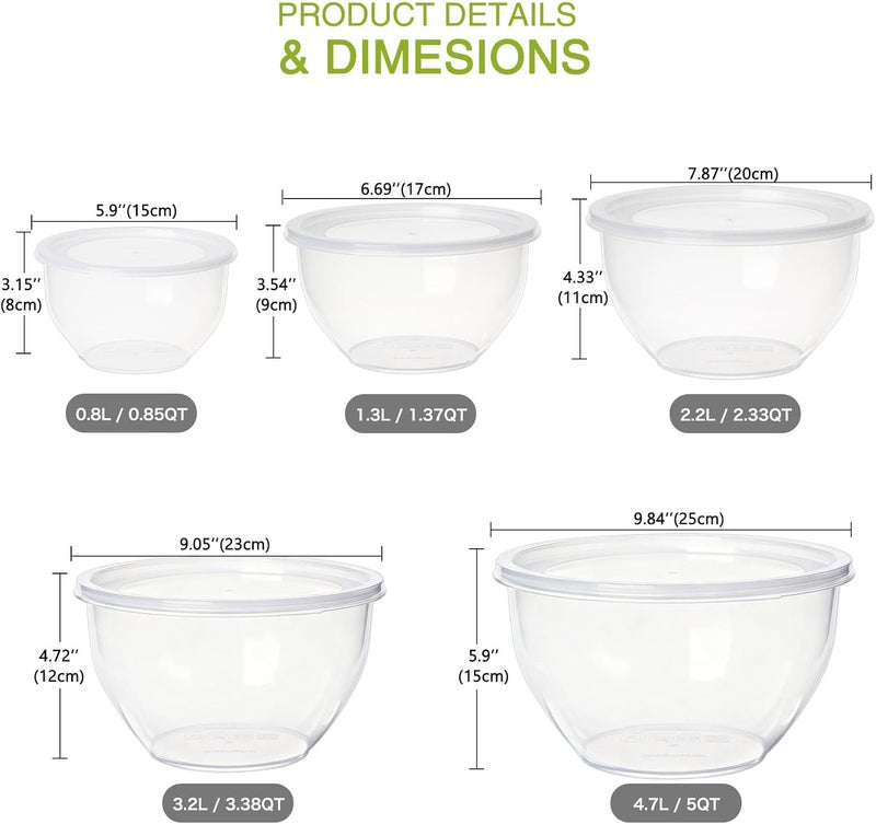 Greentainer Plastic Mixing Bowls Set with Lids, Nesting Bowls for Prepping, Serving, Cooking & Baking, Large Mixing Salad Bowl for Kitchen Storage, Dishwasher & Microwave Safe, Set of 5 (Clear) - Image 2