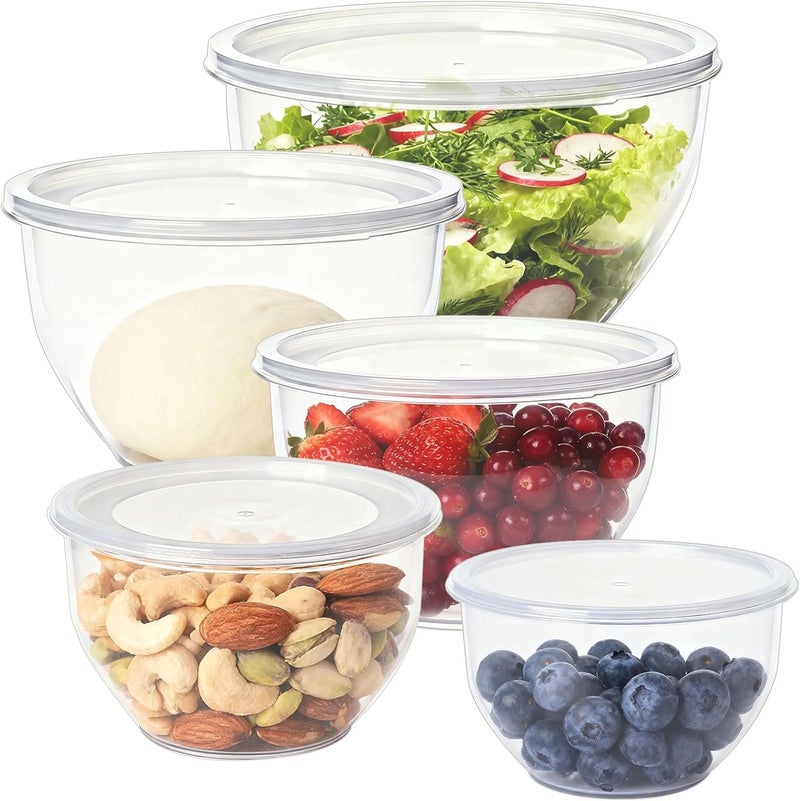 Greentainer Plastic Mixing Bowls Set with Lids, Nesting Bowls for Prepping, Serving, Cooking & Baking, Large Mixing Salad Bowl for Kitchen Storage, Dishwasher & Microwave Safe, Set of 5 (Clear) - Image 1