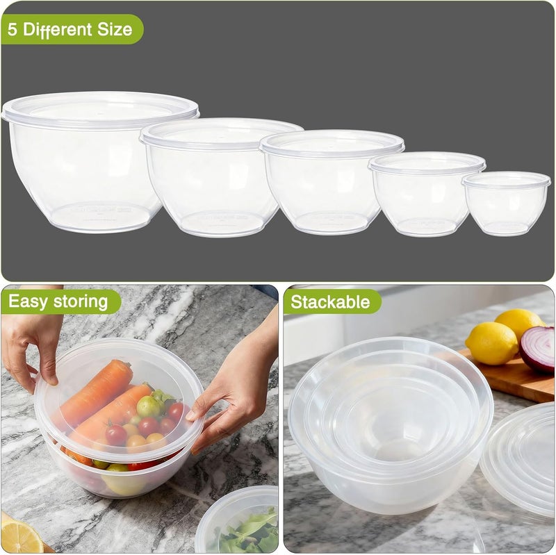 Greentainer Plastic Mixing Bowls Set with Lids, Nesting Bowls for Prepping, Serving, Cooking & Baking, Large Mixing Salad Bowl for Kitchen Storage, Dishwasher & Microwave Safe, Set of 5 (Clear) - Image 4