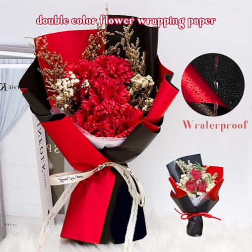 Jocomoni 20 Sheets Double Sided Flower Wrapping Paper, Waterproof Floral Bouquet Wrapping Paper Fresh Flower Packing Material Florist Bouquet Supplies DIY Craft Gift Packing, 22.8*22.8 Inches(Red and Black) - Image 3