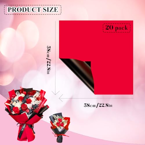Jocomoni 20 Sheets Double Sided Flower Wrapping Paper, Waterproof Floral Bouquet Wrapping Paper Fresh Flower Packing Material Florist Bouquet Supplies DIY Craft Gift Packing, 22.8*22.8 Inches(Red and Black) - Image 2