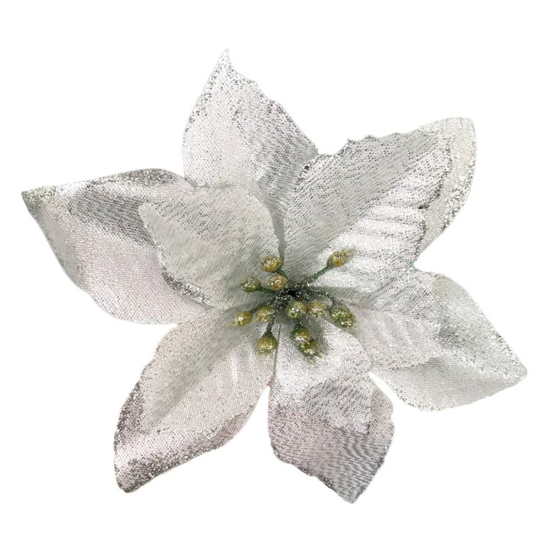 KEPATO Christmas Glitter Poinsettia Christmas Tree Ornaments Pack of 12 (Silver) - Image 1