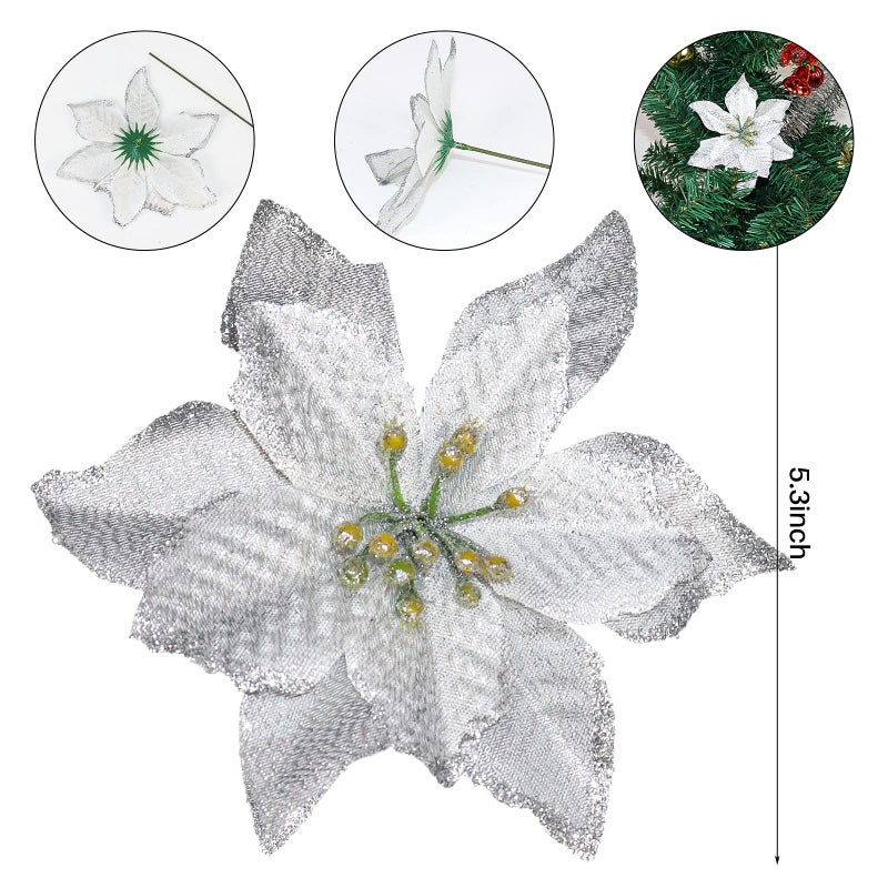 KEPATO Christmas Glitter Poinsettia Christmas Tree Ornaments Pack of 12 (Silver) - Image 2