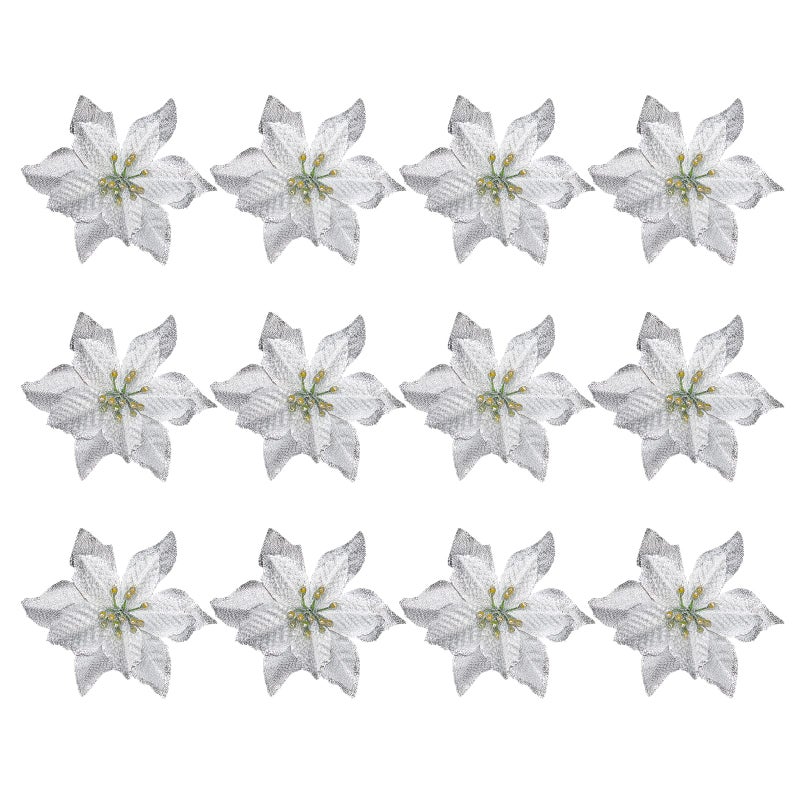 KEPATO Christmas Glitter Poinsettia Christmas Tree Ornaments Pack of 12 (Silver) - Image 3