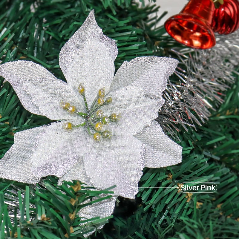 KEPATO Christmas Glitter Poinsettia Christmas Tree Ornaments Pack of 12 (Silver) - Image 4