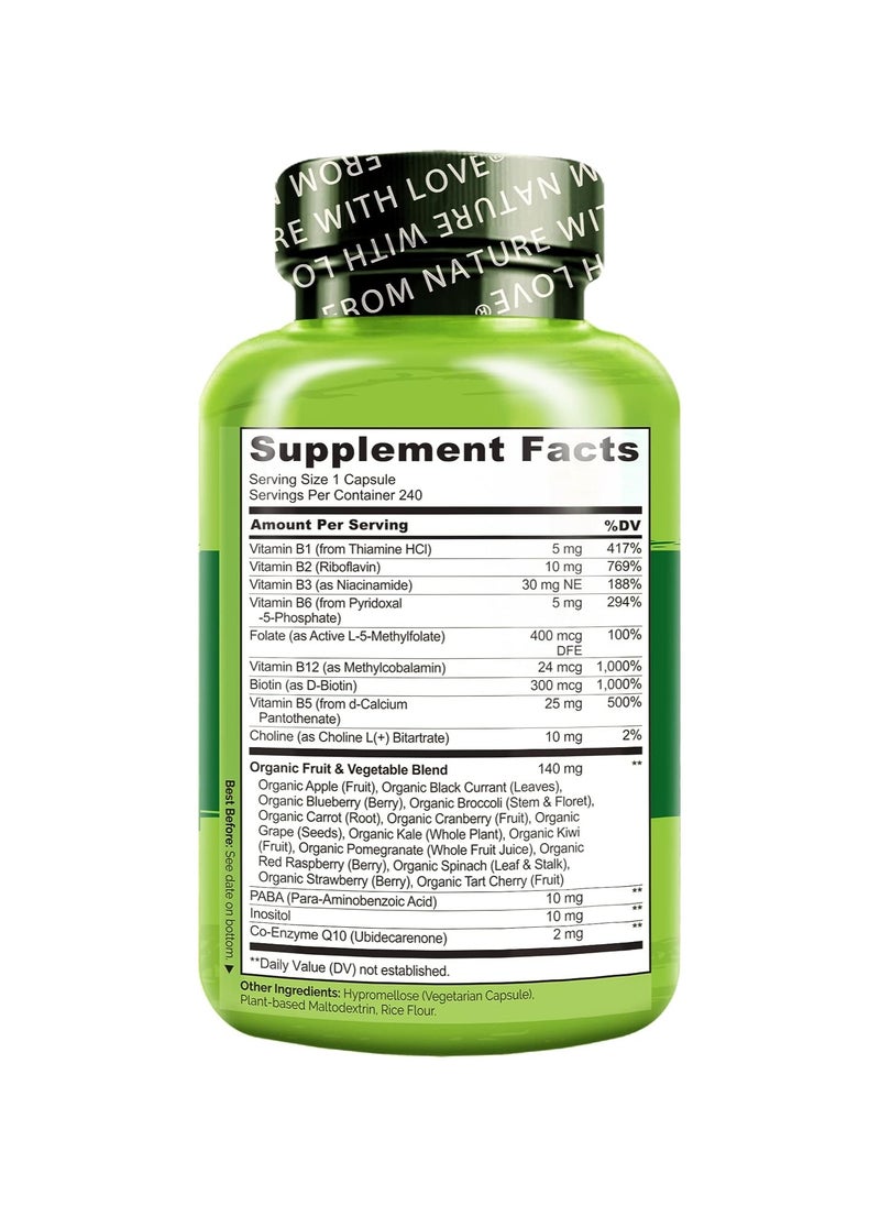NATURELO - B Complex With a Fruit & Vegetable Blend Plus CoQ10 to Support Energy & Metabolism Dietary Supplement 240 Vegetarian Capsules - Image 1