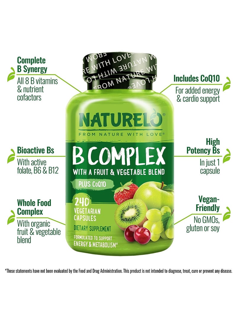 NATURELO - B Complex With a Fruit & Vegetable Blend Plus CoQ10 to Support Energy & Metabolism Dietary Supplement 240 Vegetarian Capsules - Image 1