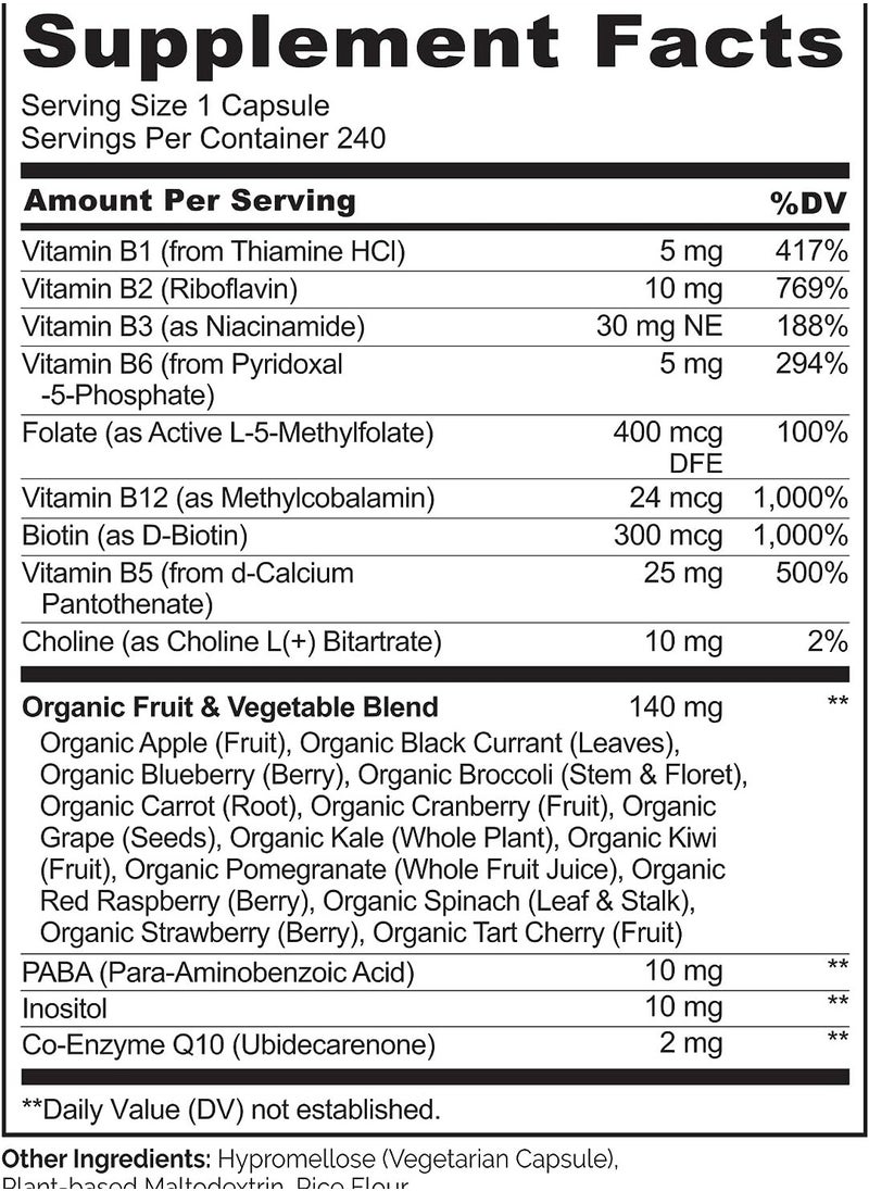 NATURELO - B Complex With a Fruit & Vegetable Blend Plus CoQ10 to Support Energy & Metabolism Dietary Supplement 240 Vegetarian Capsules - Image 1