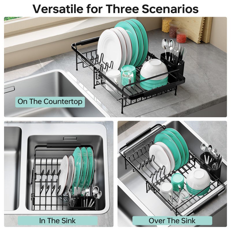 Urackify Dish Drying Rack in Sink - Expandable (14.5''-18''L) Over The Sink Dish Rack with Utensil Holder, Space-Saving Dish Drainer for Kitchen Counter, 1 Piece, Matte Black - Image 2