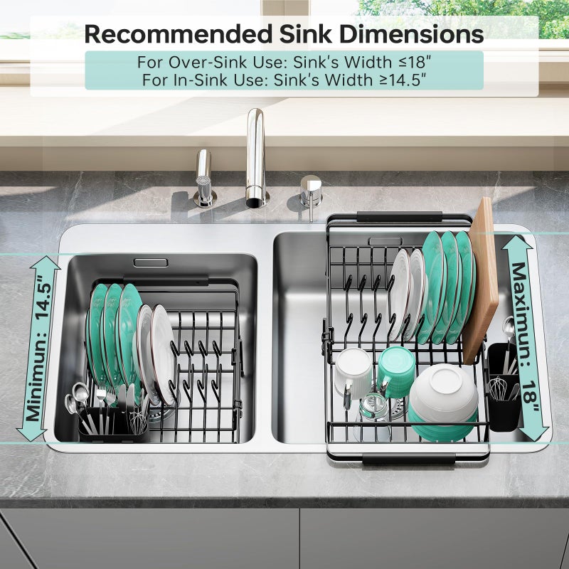 Urackify Dish Drying Rack in Sink - Expandable (14.5''-18''L) Over The Sink Dish Rack with Utensil Holder, Space-Saving Dish Drainer for Kitchen Counter, 1 Piece, Matte Black - Image 5