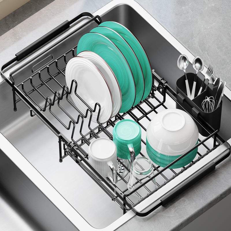Urackify Dish Drying Rack in Sink - Expandable (14.5''-18''L) Over The Sink Dish Rack with Utensil Holder, Space-Saving Dish Drainer for Kitchen Counter, 1 Piece, Matte Black - Image 1