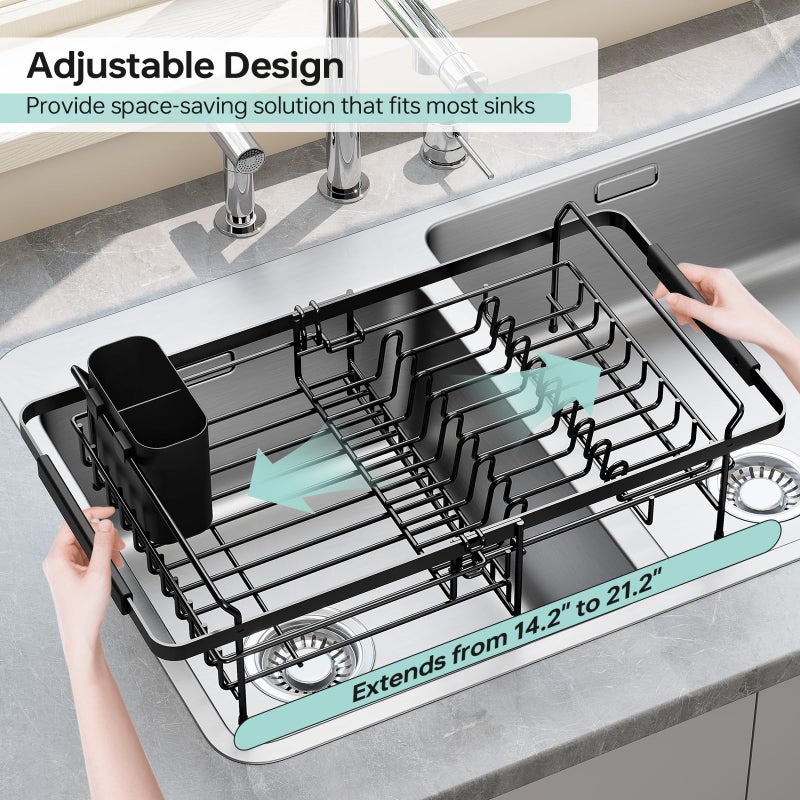 Urackify Dish Drying Rack in Sink - Expandable (14.5''-18''L) Over The Sink Dish Rack with Utensil Holder, Space-Saving Dish Drainer for Kitchen Counter, 1 Piece, Matte Black - Image 3