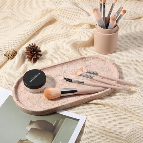 Koville Pink Marble Tray for Bathroom Countertop Vanity Tray Stone Trays for Decor Natural Marble Decorative Tray for Dresser Organizer Storage Trays for Perfume Jewelry CosmeticsCoquille Pink - Image 3