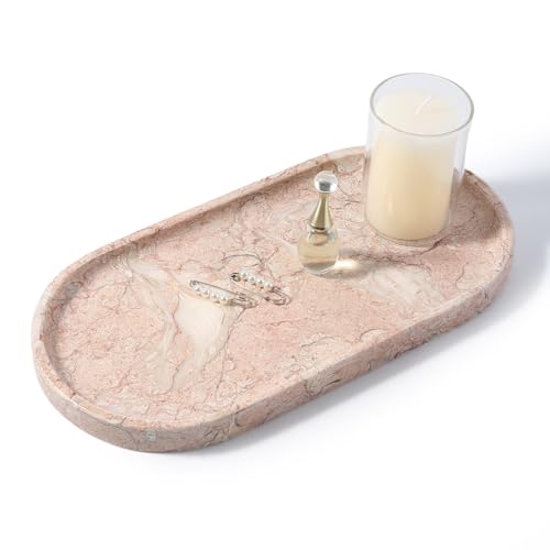Koville Pink Marble Tray for Bathroom Countertop Vanity Tray Stone Trays for Decor Natural Marble Decorative Tray for Dresser Organizer Storage Trays for Perfume Jewelry CosmeticsCoquille Pink - Image 1