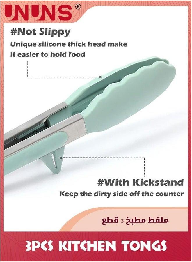 UNUNS Kitchen Tongs For Cooking,Set Of 3 Small Silicone Tongs,Food Grade Mini Serving With Tips,Green - Image 2