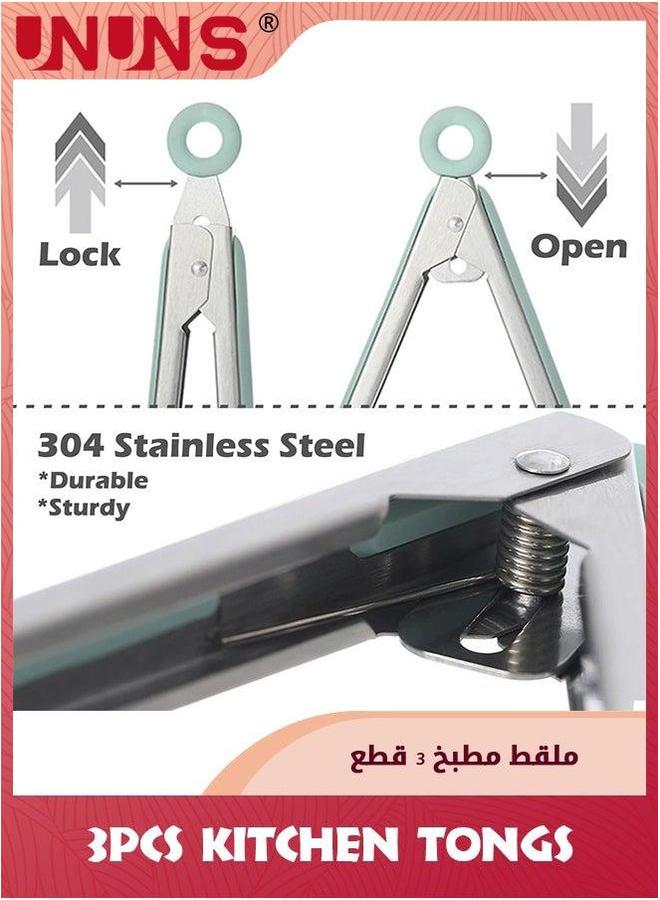 UNUNS Kitchen Tongs For Cooking,Set Of 3 Small Silicone Tongs,Food Grade Mini Serving With Tips,Green - Image 3