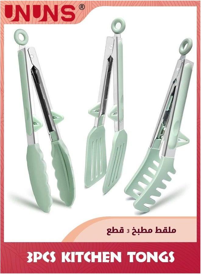 UNUNS Kitchen Tongs For Cooking,Set Of 3 Small Silicone Tongs,Food Grade Mini Serving With Tips,Green - Image 1
