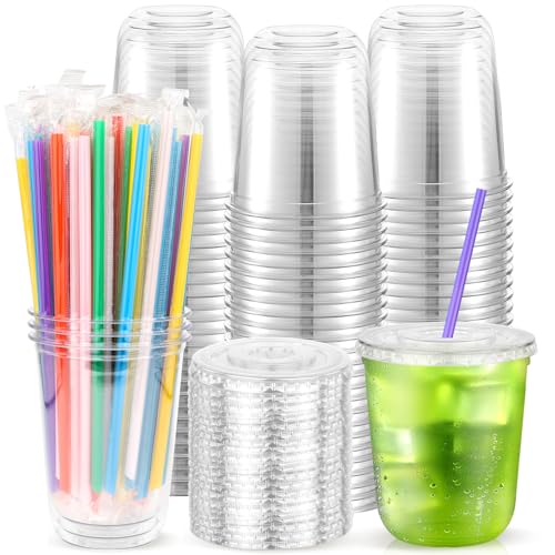 Etersky 50PCS 12 oz Clear Plastic Cups with Lids and Colorful Straws, Round Bottom Disposable To Go Iced Coffee Smoothie Juice Boba Cups, PET Party Cups for Holiday, Birthdays, Picnics, Valentine's Day - Image 1
