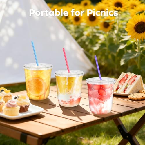 Etersky 50PCS 12 oz Clear Plastic Cups with Lids and Colorful Straws, Round Bottom Disposable To Go Iced Coffee Smoothie Juice Boba Cups, PET Party Cups for Holiday, Birthdays, Picnics, Valentine's Day - Image 2
