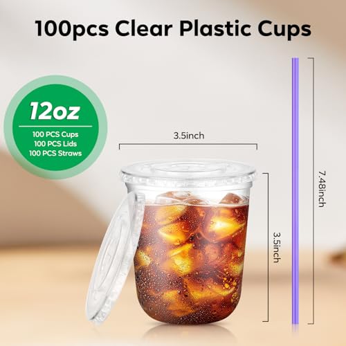 Etersky 50PCS 12 oz Clear Plastic Cups with Lids and Colorful Straws, Round Bottom Disposable To Go Iced Coffee Smoothie Juice Boba Cups, PET Party Cups for Holiday, Birthdays, Picnics, Valentine's Day - Image 3