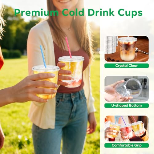 Etersky 50PCS 12 oz Clear Plastic Cups with Lids and Colorful Straws, Round Bottom Disposable To Go Iced Coffee Smoothie Juice Boba Cups, PET Party Cups for Holiday, Birthdays, Picnics, Valentine's Day - Image 5