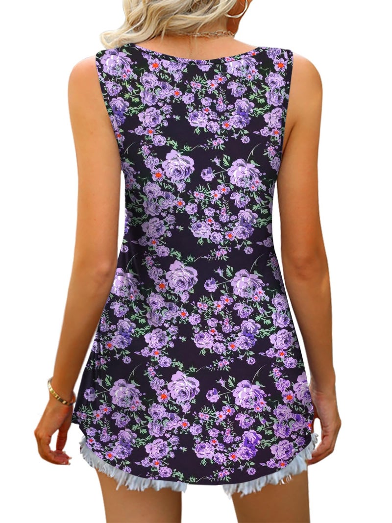 Tencede 2026 Summer Tank Tops for Women Sleeveless V Neck Babydoll Loose Flowy Floral Print Blouse Purple Flower Large - Image 3
