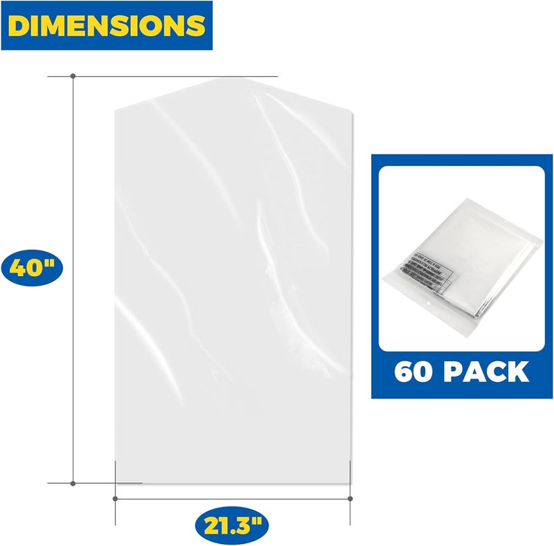 Storage Standard 60-قطعة من أكياس التنظيف الجاف للملابس بطول 40 بوصة - أكياس ملابس بلاستيكية شفافة لتعليق الملابس، غطاء بلاستيكي للتنظيف الجاف للبدلات والمعاطف والقمصان والسراويل - Image 4
