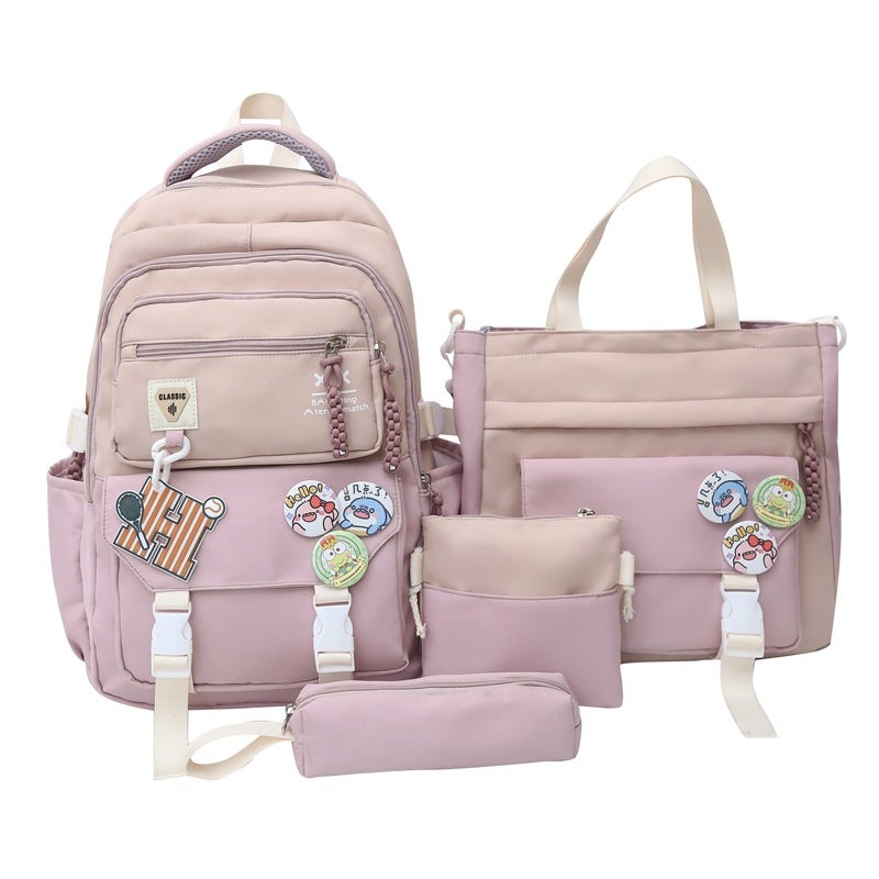 Backpack New Student Schoolbag Fashion Trendy Color-matching Backpack Multi-piece Large Capacity Schoolbag for Primary and Secondary School Students Purple four-piece set 